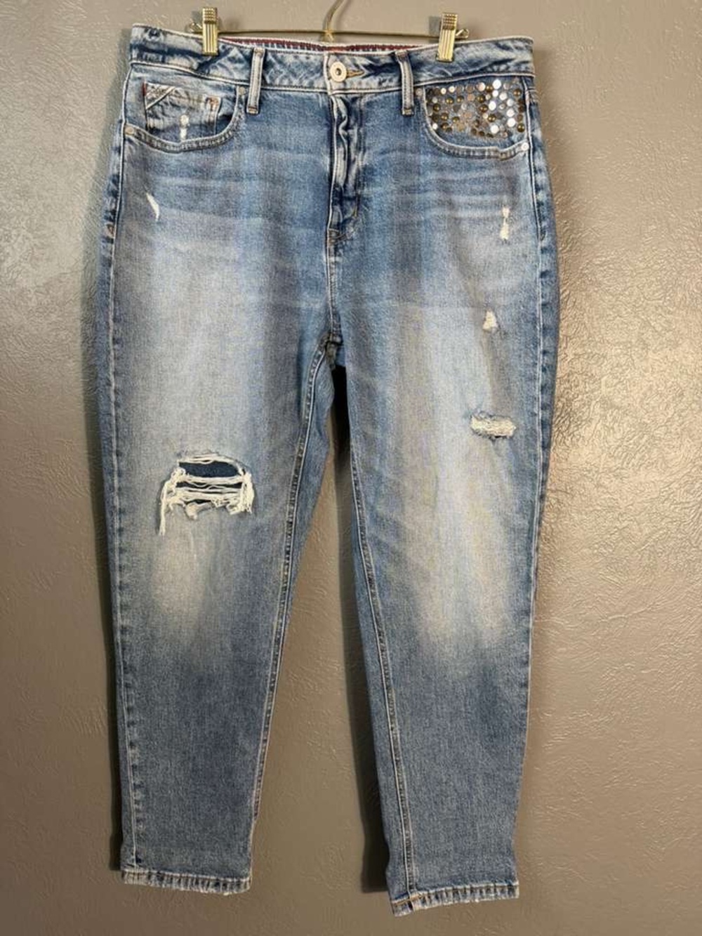 Edgely 90s Taper High Rise Distressed Jeans Studded Pocket Mom Jeans Size 16